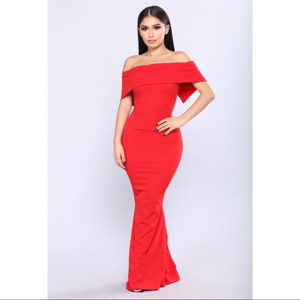 NWT- Red Fishtail Off the Shoulder Gown